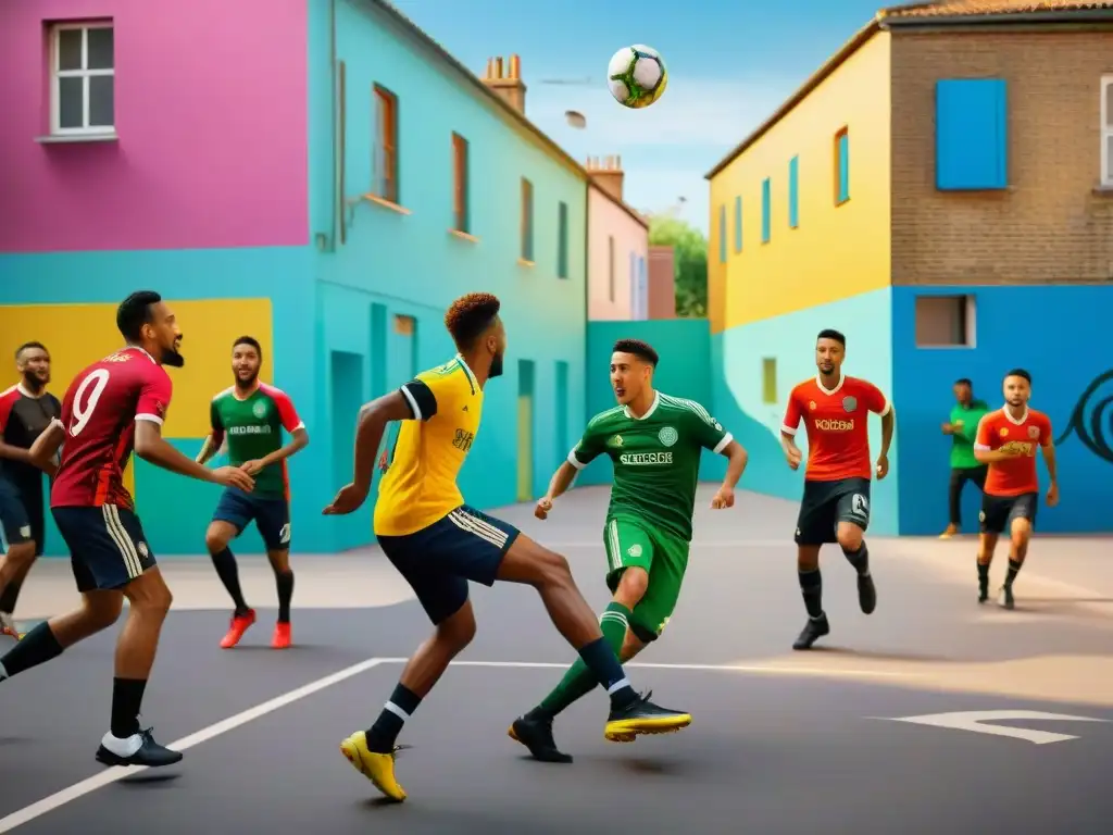 Una vibrante escena callejera muestra la evolución de los juegos deportivos entre culturas, con jugadores de diferentes edades y etnias disfrutando juntos del fútbol en la ciudad