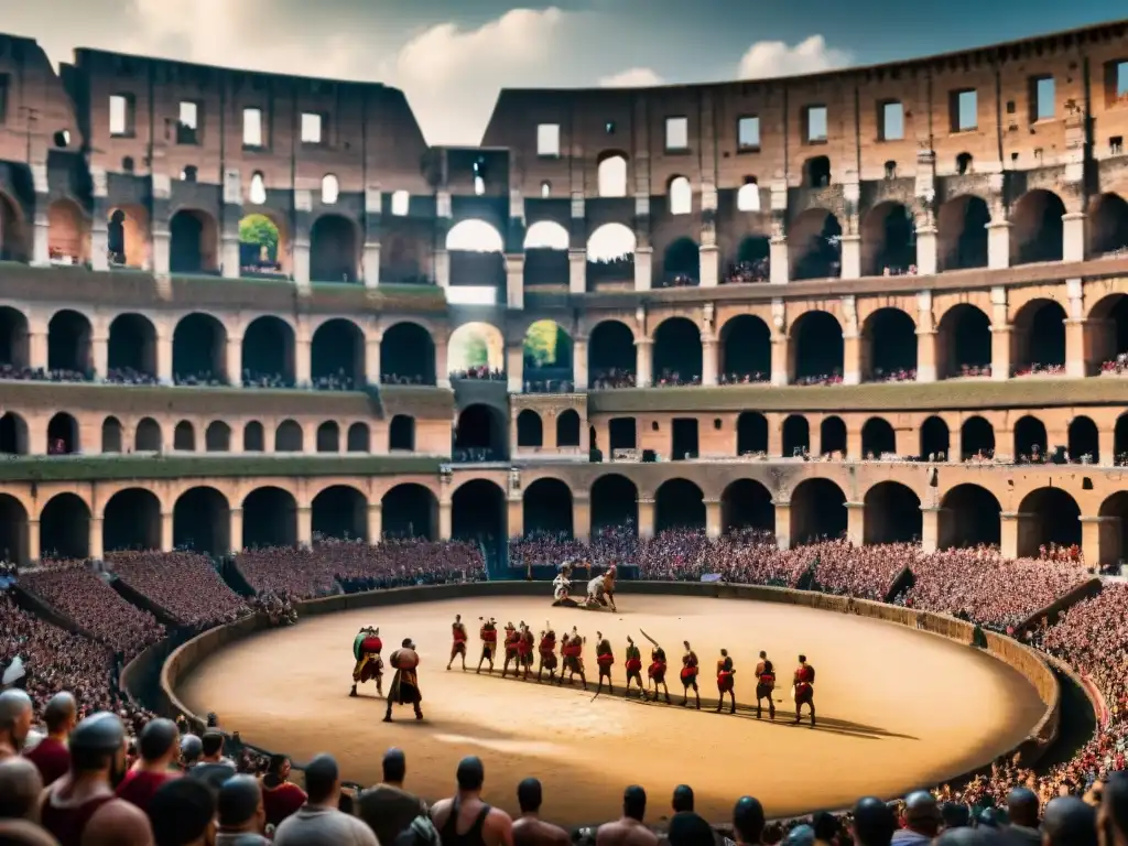 Vibrante escena de combate en el Coliseo Romano, mostrando la intensidad de los Deportes de combate clásicos en Europa