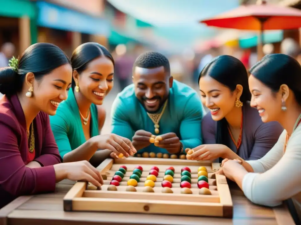 Concentración y alegría en partida de Mancala en mercado multicultural Una vibrante escena de diversidad cultural y unidad en un juego de Mancala en un bullicioso mercado