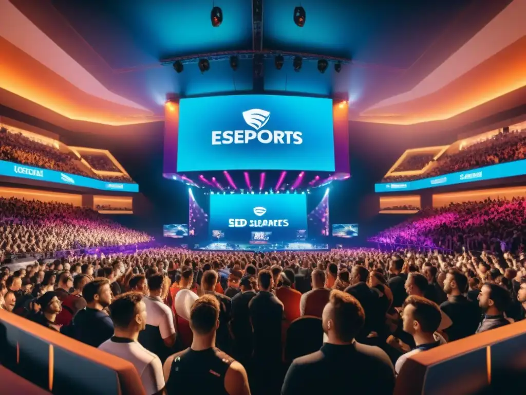 Una vibrante escena de eSports con jugadores concentrados, fans emocionados y banderas de equipos