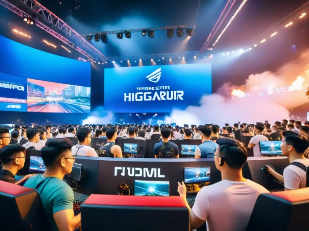 Una vibrante escena de eSports en Singapur, fusionando tradición y modernidad, con jugadores concentrados y espectadores emocionados