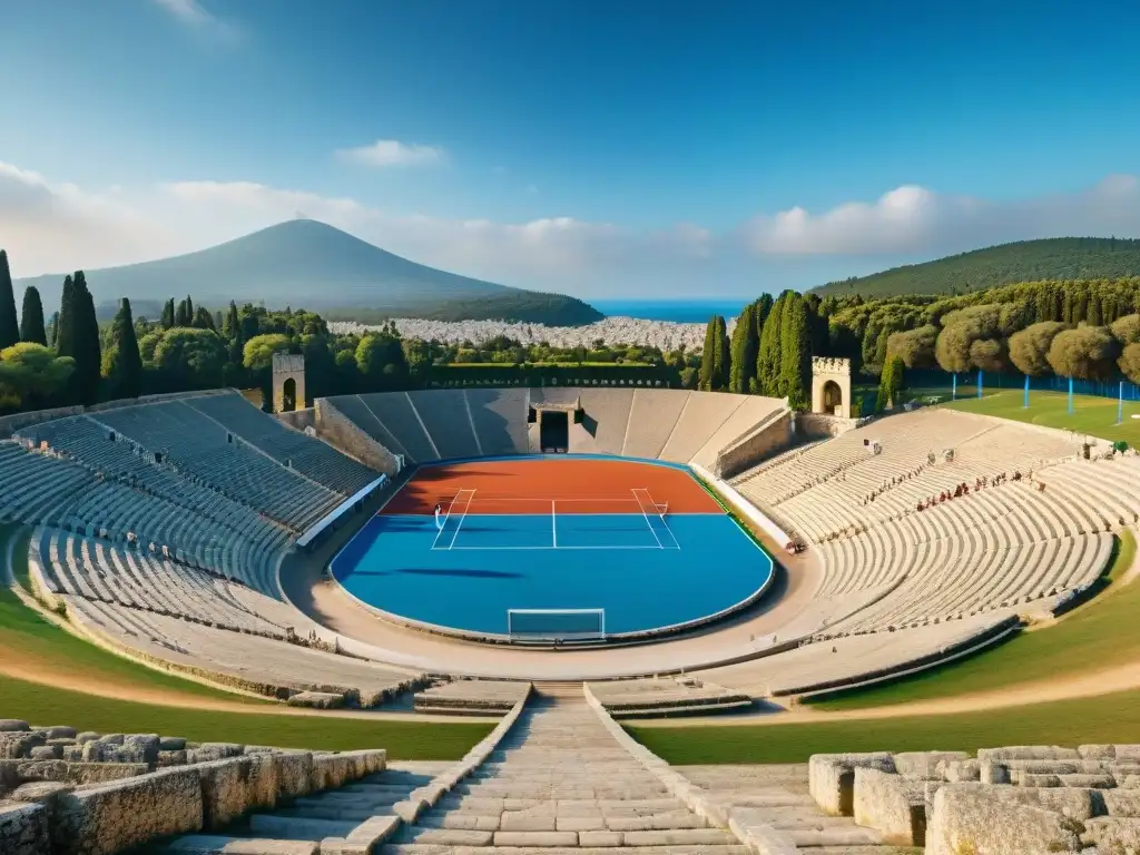 Vibrante escena en el Estadio Olímpico antiguo de Olimpia, Grecia, capturando la historia de los juegos deportivos en culturas antiguas