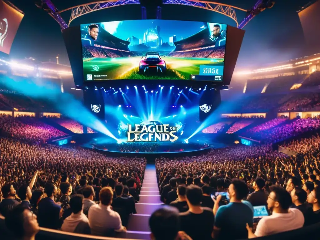 Vibrante escena de un estadio repleto durante un campeonato de League of Legends