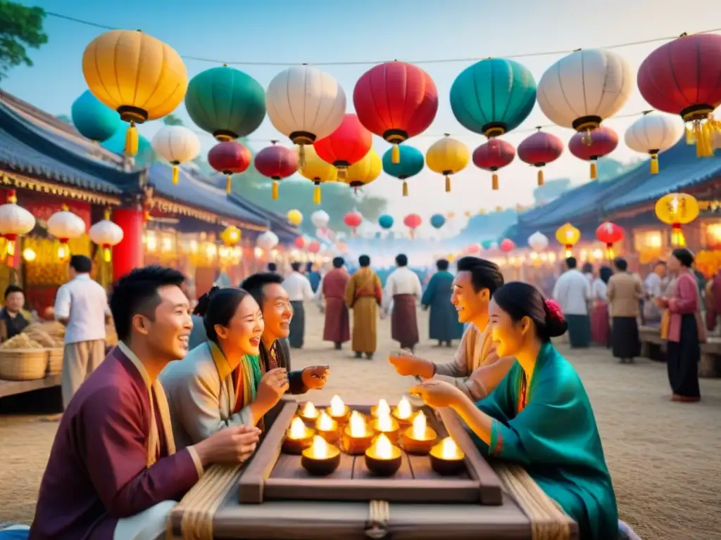 Vibrante escena de festivales de juegos tradicionales mundo en Asia, con colores y emoción palpable