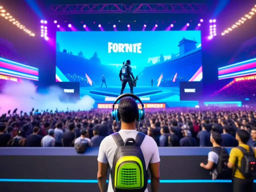 Vibrante escena de la final de la Fortnite World Cup, fusionando historia, juegos, deportes, cultura mundial