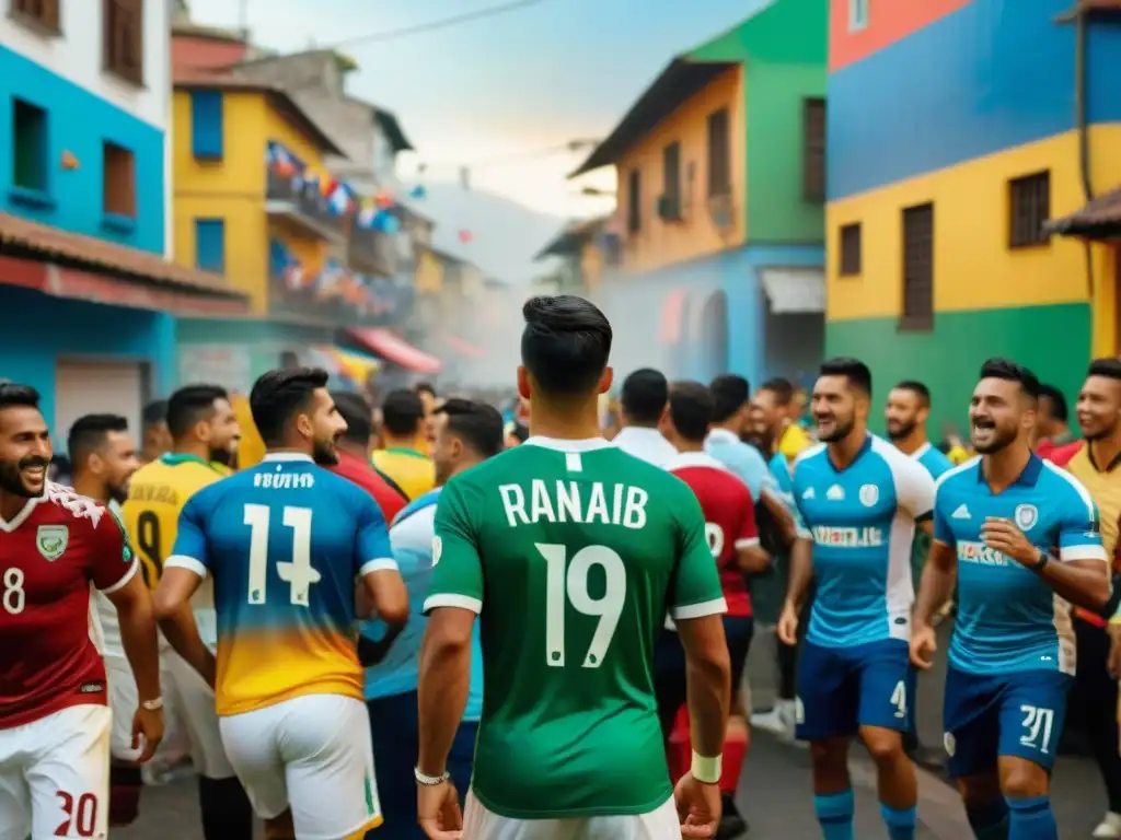 Una vibrante escena de fútbol en una calle latinoamericana durante un partido importante, reflejando la historia del fútbol en América Latina