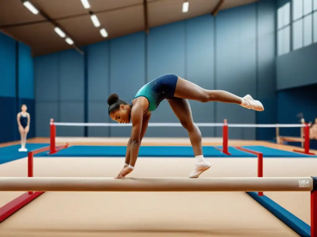 Una vibrante escena de gimnastas de distintas edades, géneros y etnias practicando juntos en un moderno gimnasio