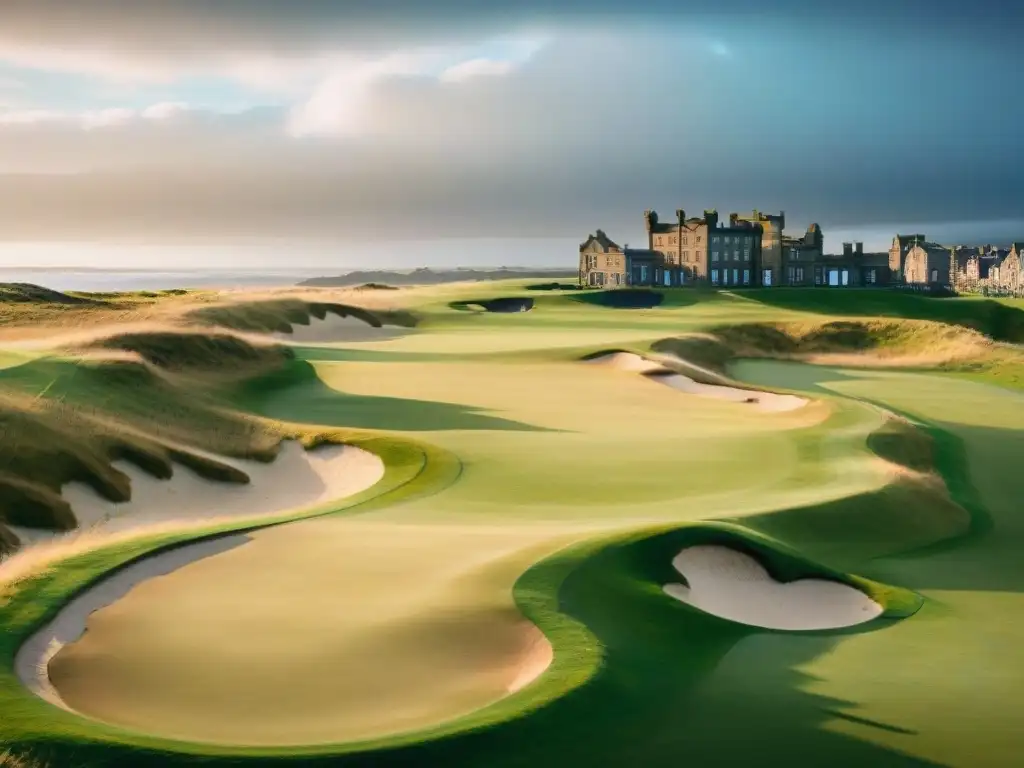 Vibrante escena del icónico St Andrews Links en Escocia, con golfistas y el Swilcan Bridge, evocando la historia del golf en Escocia