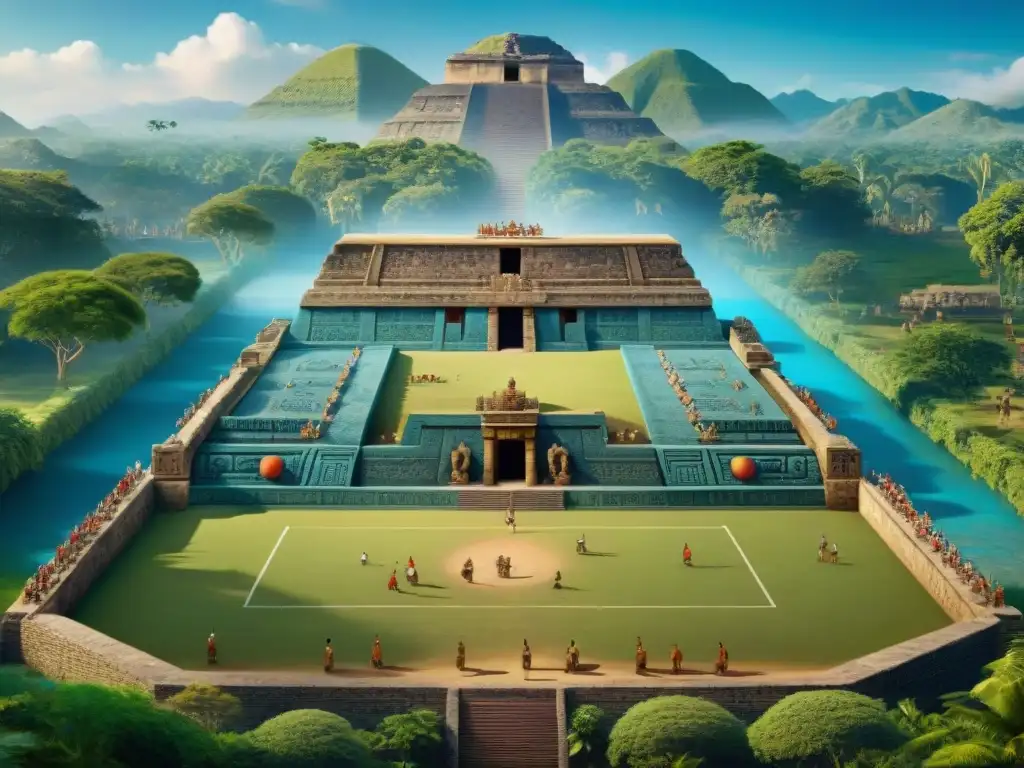 Juego de Pelota Mesoamericano: Escena Detallada Vibrante escena del juego de pelota mesoamericano con jugadores en trajes tradicionales y espectadores, rodeados de exuberante vegetación y cielo azul
