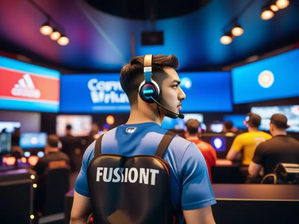Una vibrante escena de jugadores de diferentes culturas concentrados en un torneo de eSports