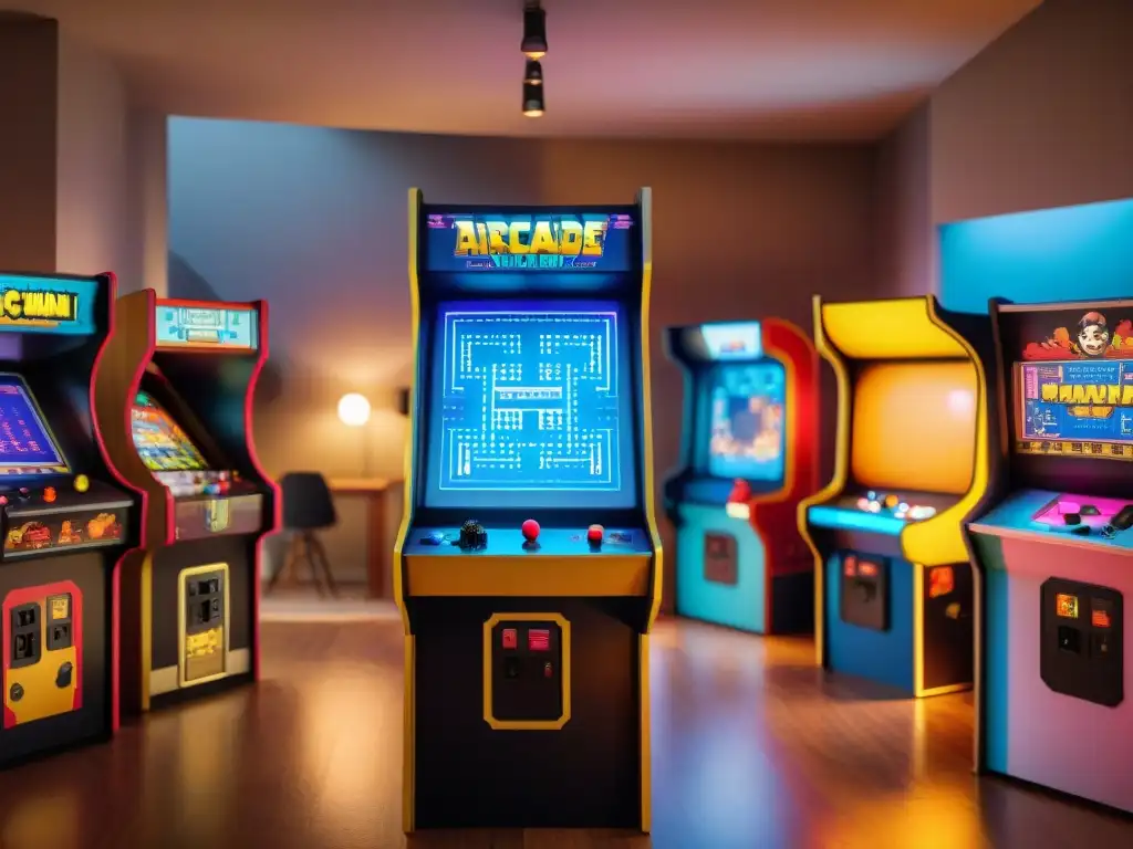 Una vibrante escena de una máquina de arcade rodeada de jugadores disfrutando de juegos clásicos como PacMan y Space Invaders