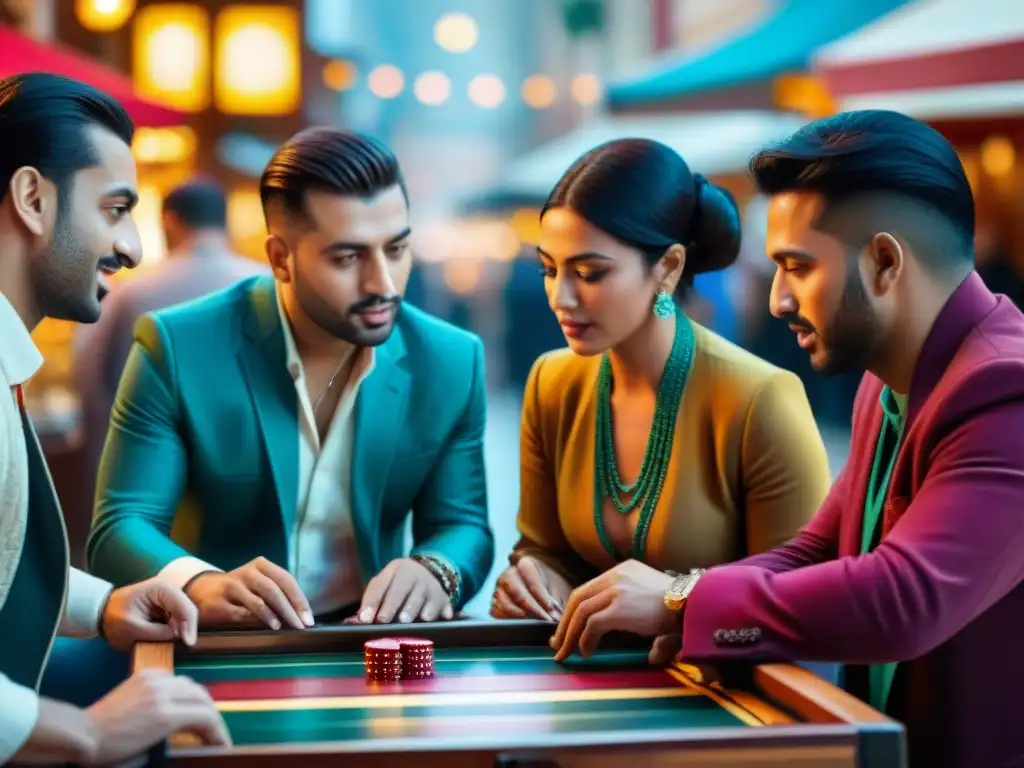 Una vibrante escena en un mercado, con personas de diversas culturas concentradas en jugar backgammon