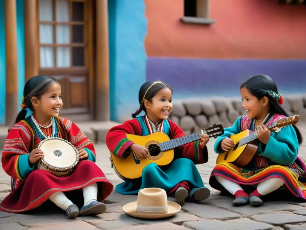 Vibrante escena de niños Andinos jugando 'Sapo' y 'Trompo', resaltando la Importancia cultural de los juegos tradicionales Andinos