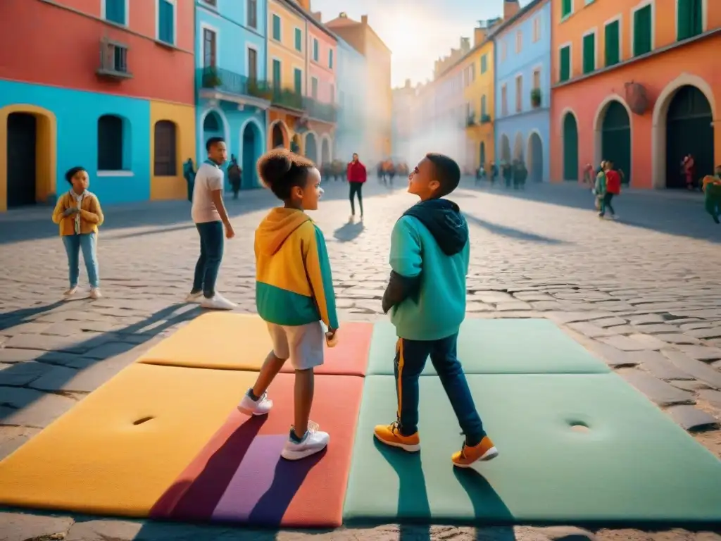 Vibrante escena de niños jugando en la calle, resaltando la importancia de los juegos callejeros en la conservación de lenguas y cultura