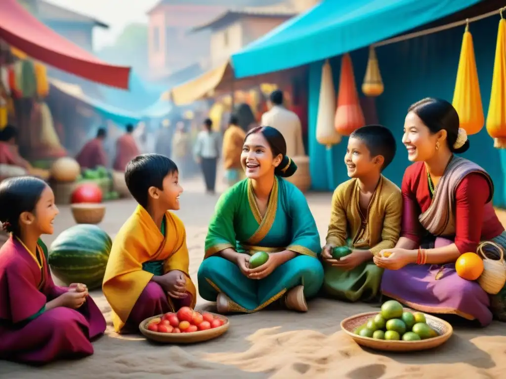 Una vibrante escena de niños de diversas culturas jugando en un bullicioso mercado, mostrando la historia de juegos deportes culturas globales