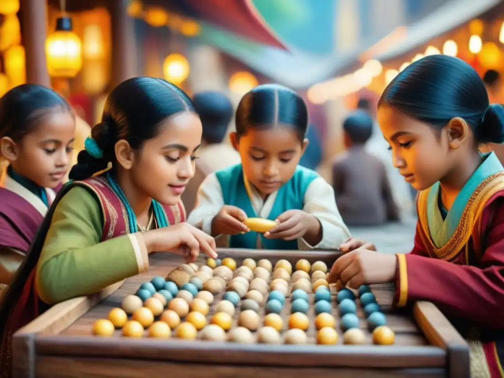 Una vibrante escena de niños de diversas culturas jugando juegos educativos tradicionales en un bullicioso mercado cultural