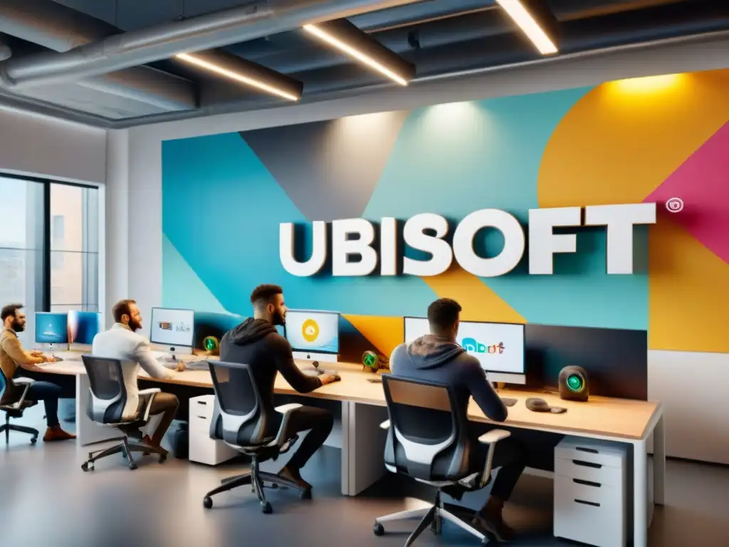 Vibrante escena en las oficinas de Ubisoft: innovación, creatividad y crecimiento empresarial palpables en un espacio moderno y creativo