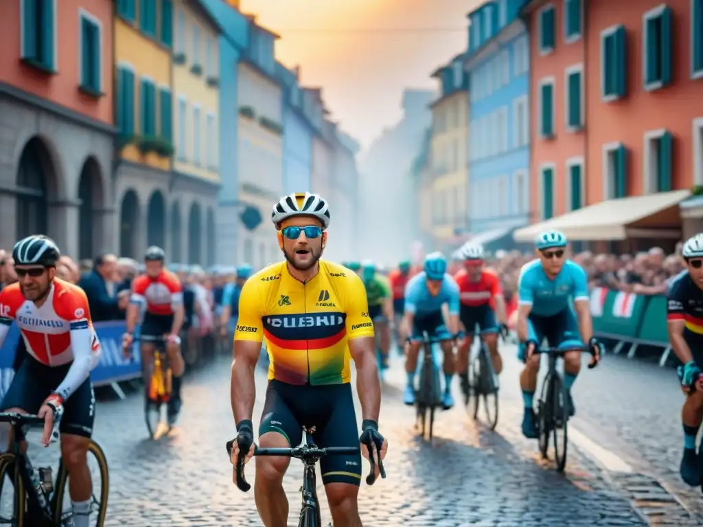 Vibrante escena urbana europea durante evento ciclista, evolución del ciclismo en Europa