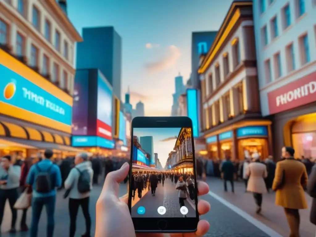 Una vibrante escena urbana con juegos móviles de realidad aumentada fusionando lo real y lo virtual