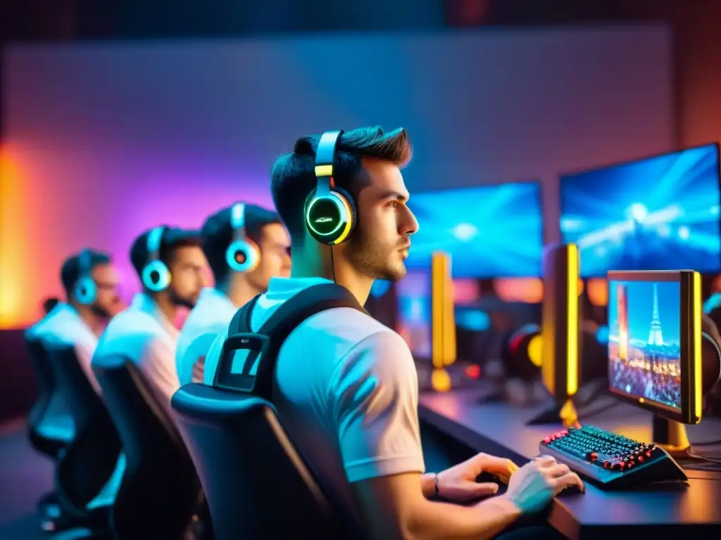 Un vibrante escenario de eSports con jóvenes gamers concentrados en pantallas, rodeados de luces LED, fusionando tecnología y cultura