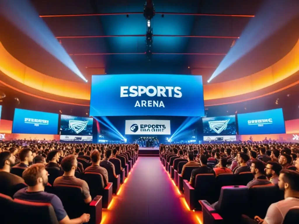 Un vibrante escenario de eSports lleno de energía, fans entusiastas y batallas épicas