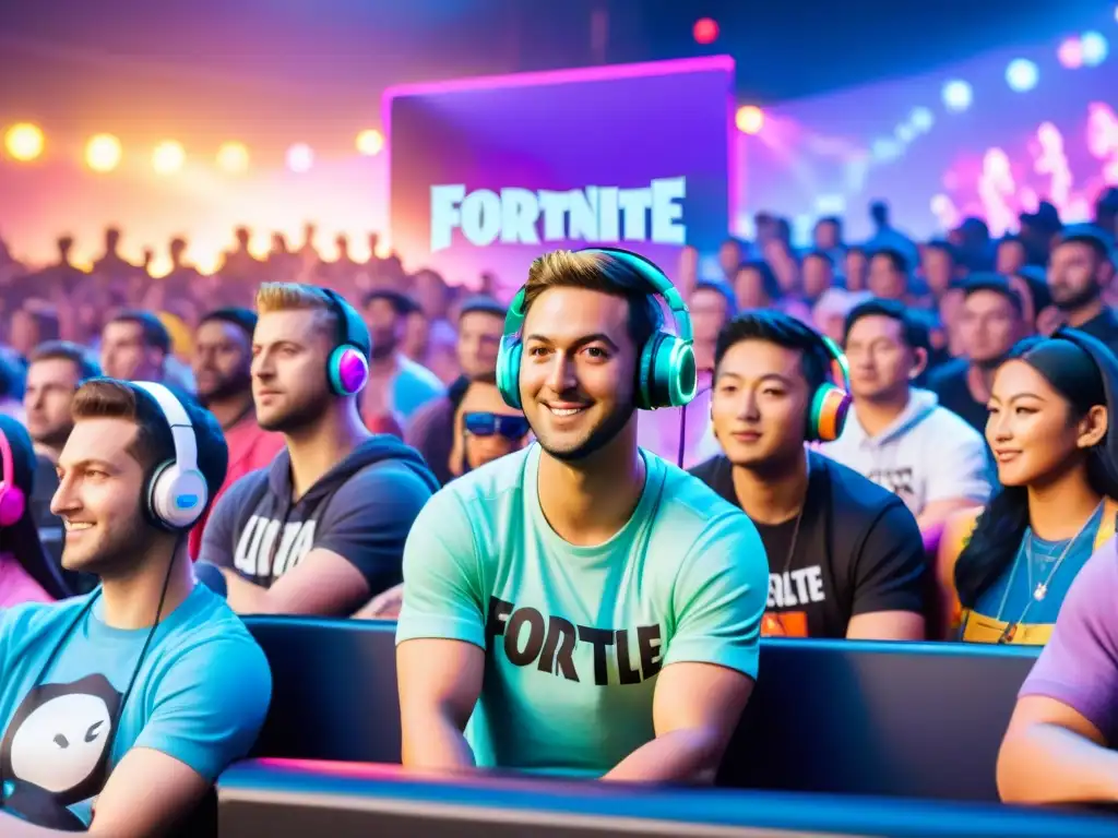 Un vibrante escenario de eSports lleno de fans entusiastas, todos atentos a un torneo de Fortnite en una pantalla gigante