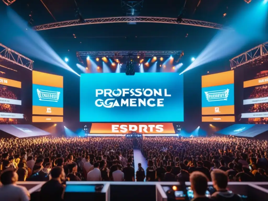 Un vibrante escenario de eSports con patrocinadores integrados, capturando la energía y emoción del evento