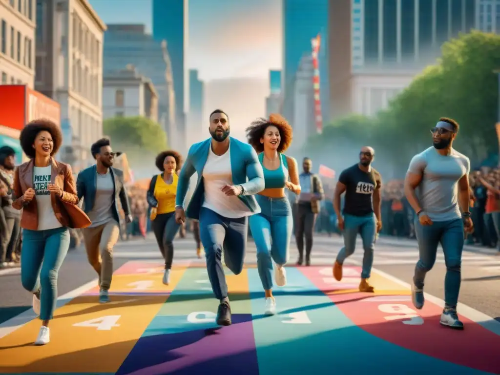 Un vibrante escenario de juegos de calle protesta social: diversidad, activismo y comunidad en un entorno urbano lleno de color y pancartas