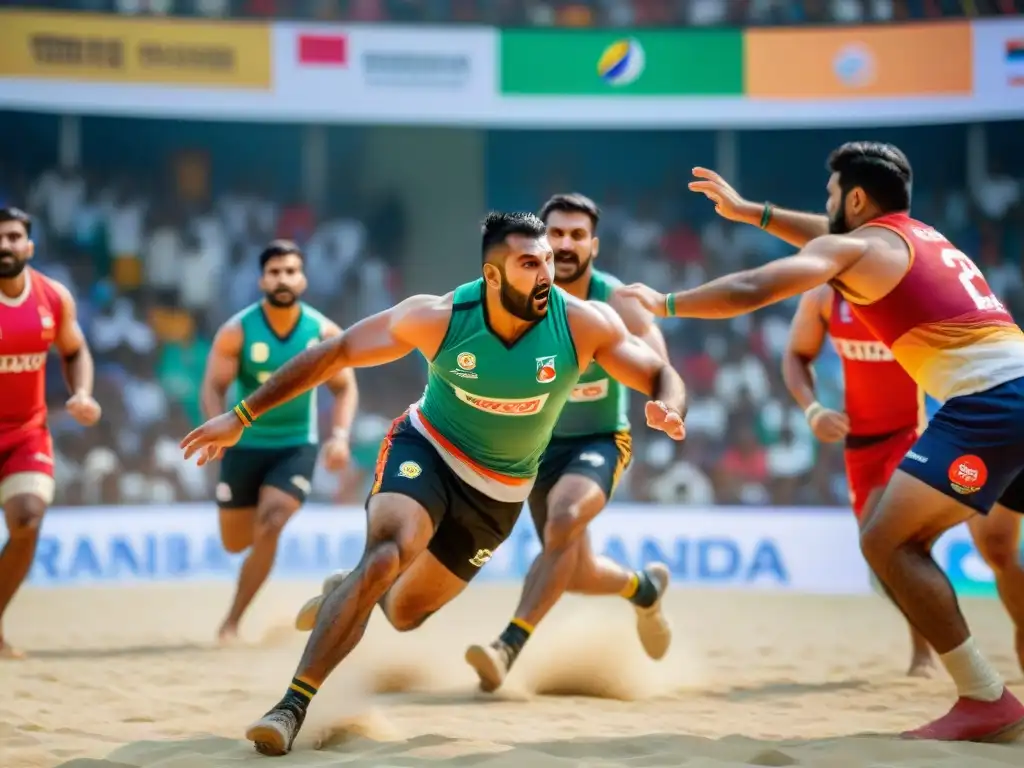 Un vibrante escenario de Kabaddi con jugadores en acción y una multitud diversa animando