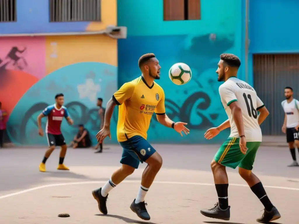 Un vibrante escenario urbano donde jóvenes jugadores de fútbol de diversas culturas comparten su pasión por el juego en la calle