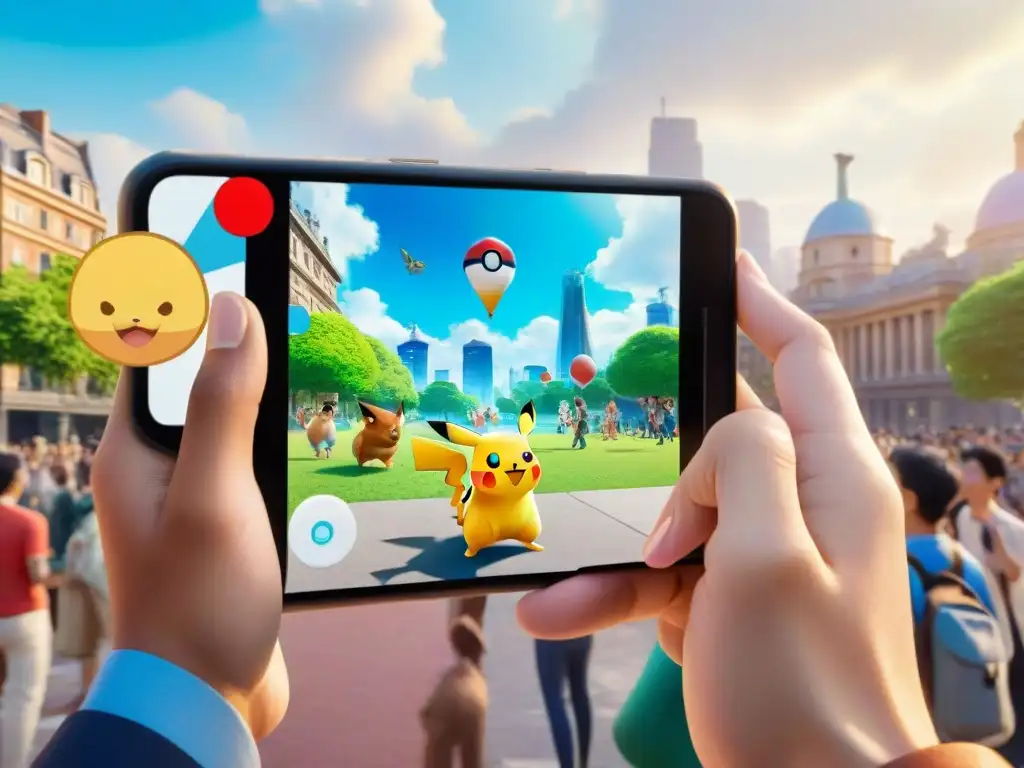 Un vibrante escenario urbano donde personas de todas las edades y orígenes juegan Pokémon Go, fusionando lo virtual y real