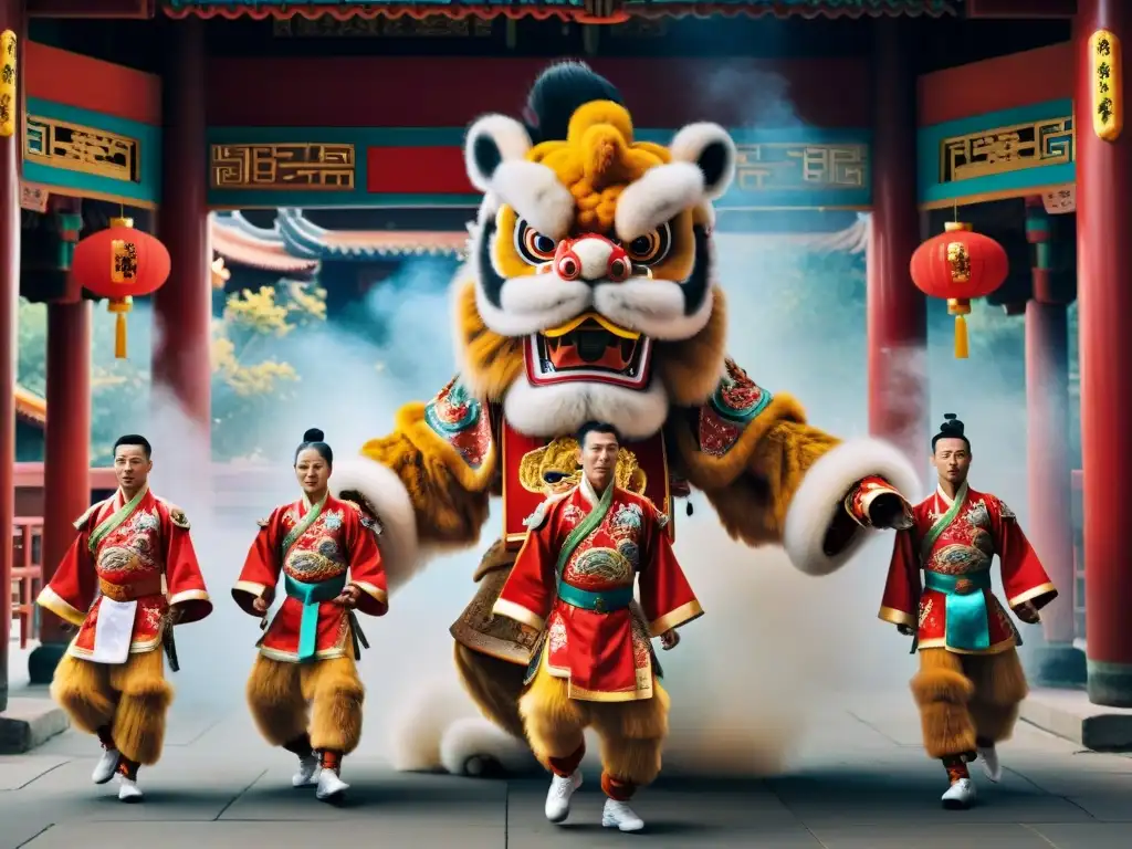 Un vibrante espectáculo de danza del león kungfu, con trajes coloridos y movimientos potentes y elegantes