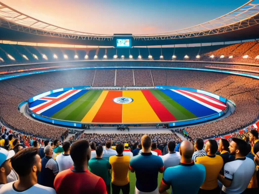 Vibrante estadio durante evento deportivo internacional, fans de diversas culturas celebran juntos