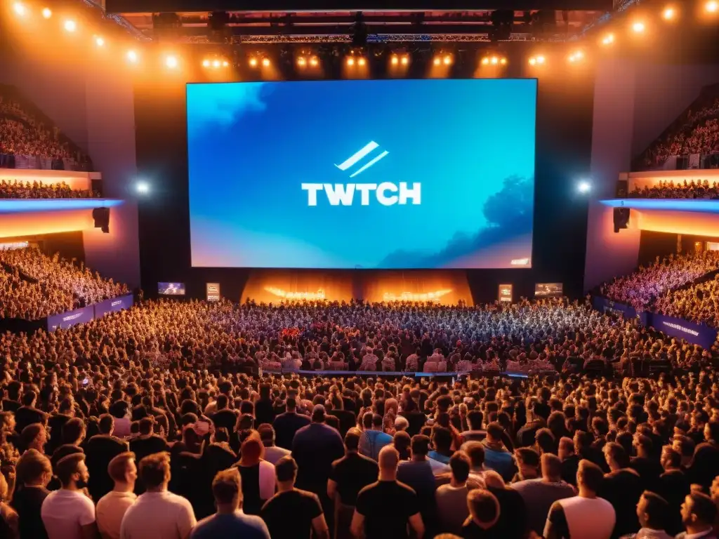 Un vibrante evento de eSports con espectadores animados, luces coloridas y emocionante juego en pantallas, destacando el impacto de Twitch eSports