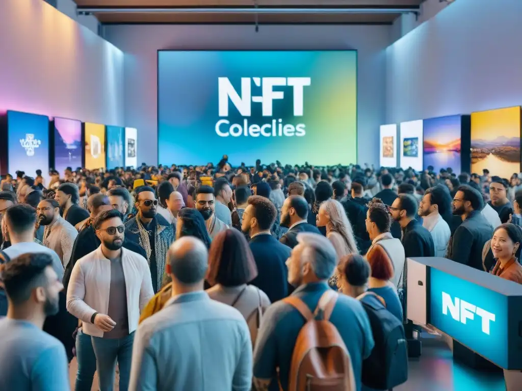 Un vibrante evento de mercado NFT con entusiastas del arte examinando obras digitales en pantallas