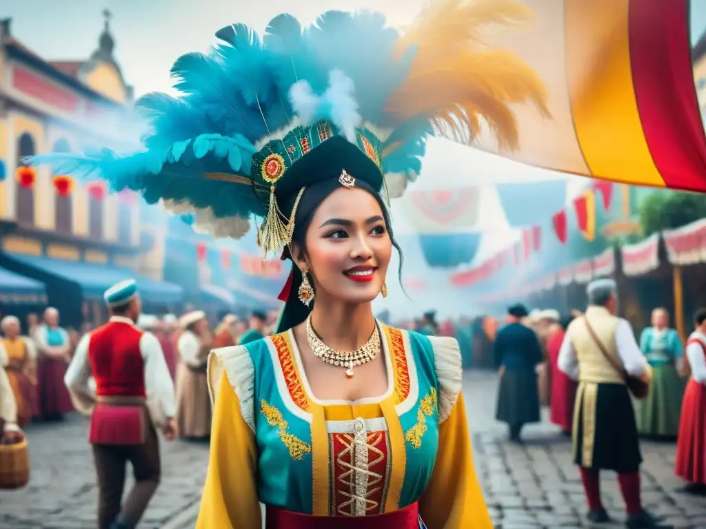 Desfile multicultural en festival de juegos internacionales Un vibrante festival de juegos culturales internacionales con gente de todo el mundo y trajes tradicionales coloridos