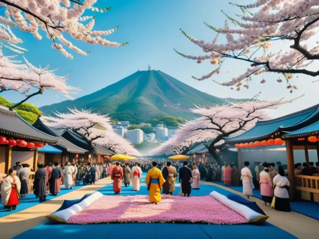 Vibrante festival Hanami Matsuri en Japón: gente en yukatas bajo cerezos en flor