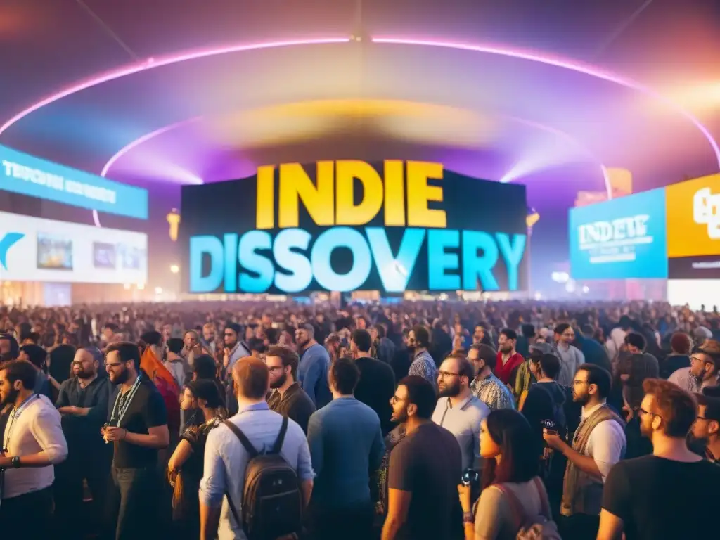 Un vibrante festival de juegos indie, con desarrolladores presentando creaciones innovadoras a una audiencia diversa