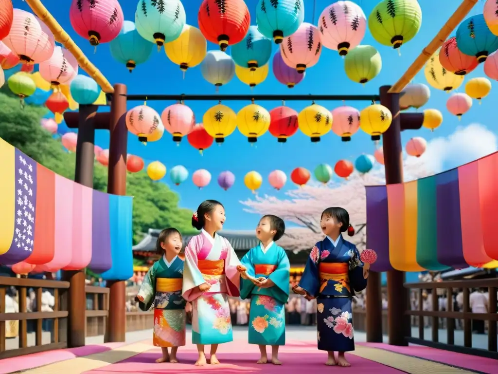 Un vibrante festival japonés con niños disfrutando de juegos tradicionales