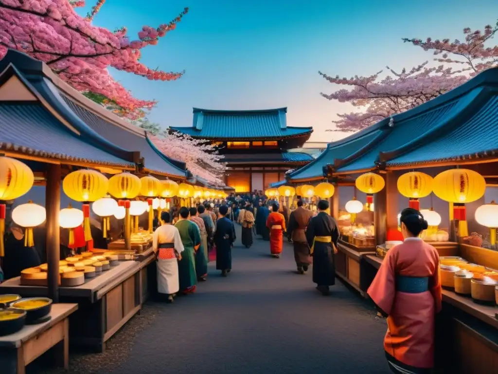 Vibrante festival japonés con puestos de comida callejera, yukatas coloridos y linternas iluminadas