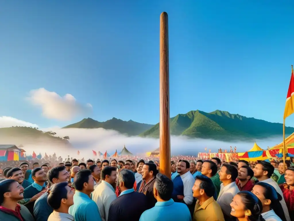 Vibrante festival del Juego del Palo Ensebado: comunidad indígena escalando el poste engreído en la plaza del pueblo