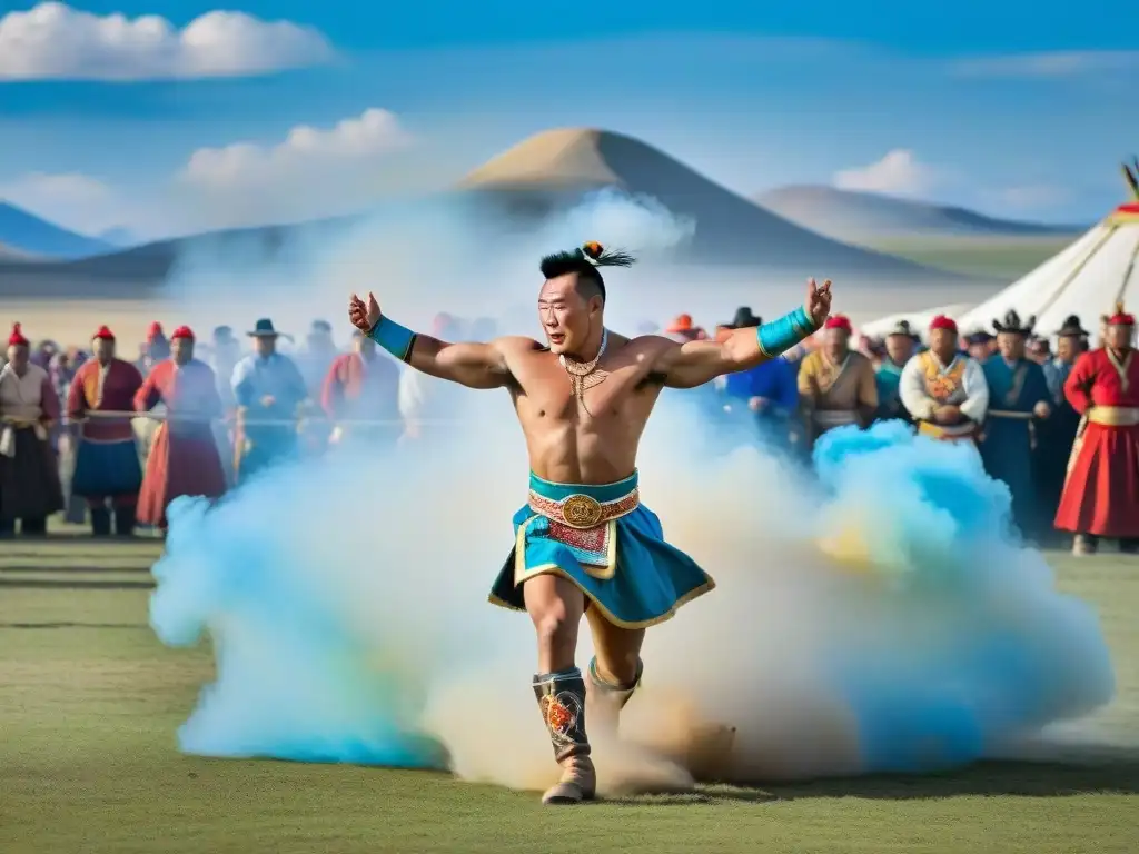 Vibrante Festival de Lucha Naadam en Mongolia: luchadores en trajes coloridos, espectadores animados y yurtas tradicionales