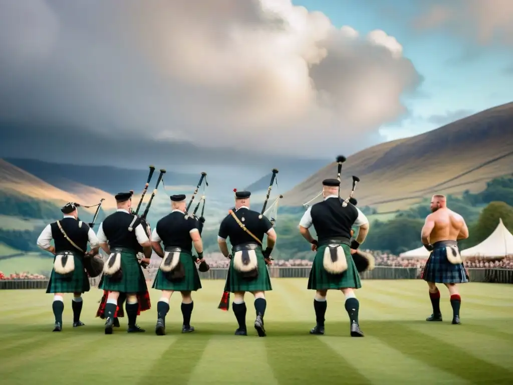 Un vibrante festival de juegos tradicionales en Escocia, donde atletas kilted compiten en eventos pesados