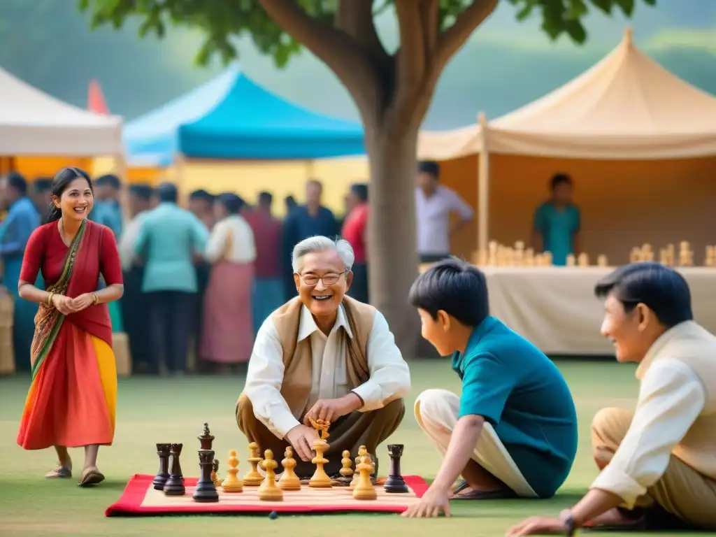 Vibrante festival de juegos tradicionales, niños en carrera de sacos y ancianos jugando ajedrez bajo un árbol