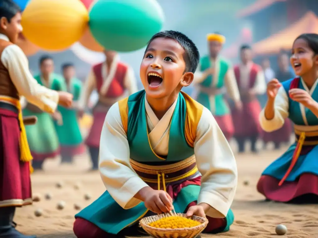 Un vibrante festival de juegos tradicionales: niños participan en un juego rodeados de coloridas decoraciones y espectadores entusiastas