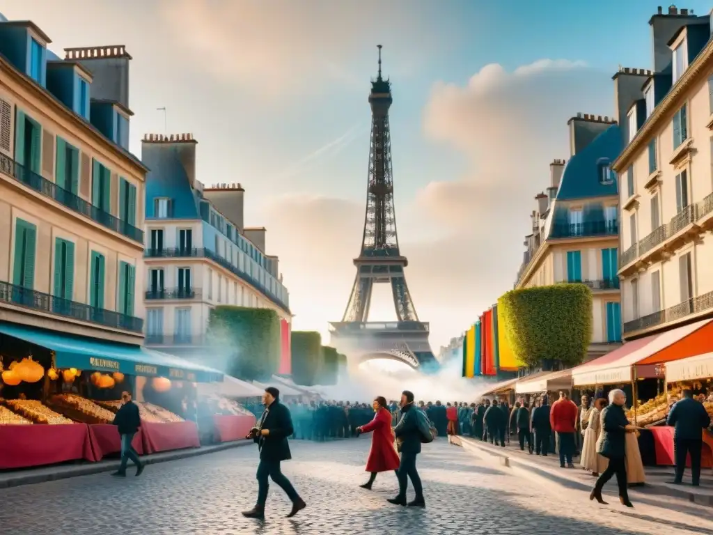 Un vibrante festival de juegos tradicionales en Francia durante las Olimpiadas, con la Torre Eiffel de fondo