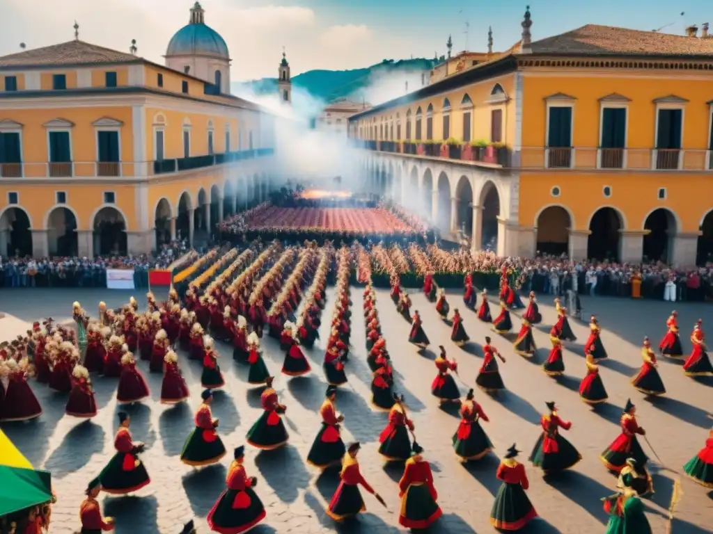 Vibrante festival de juegos tradicionales en la plaza italiana durante la Batalla de los Naranjos