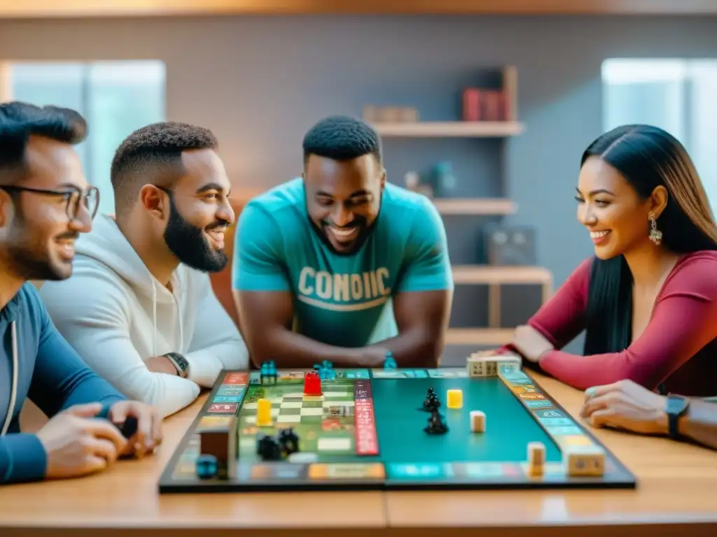 Un vibrante grupo de gamers prueba prototipos de juegos de mesa en una sala llena de creatividad y emoción