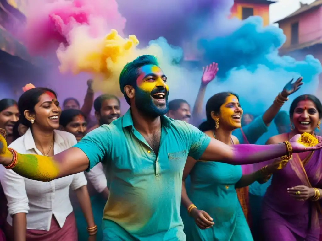 Vibrante imagen del festival Holi en India, con personas bañadas en colores y alegría