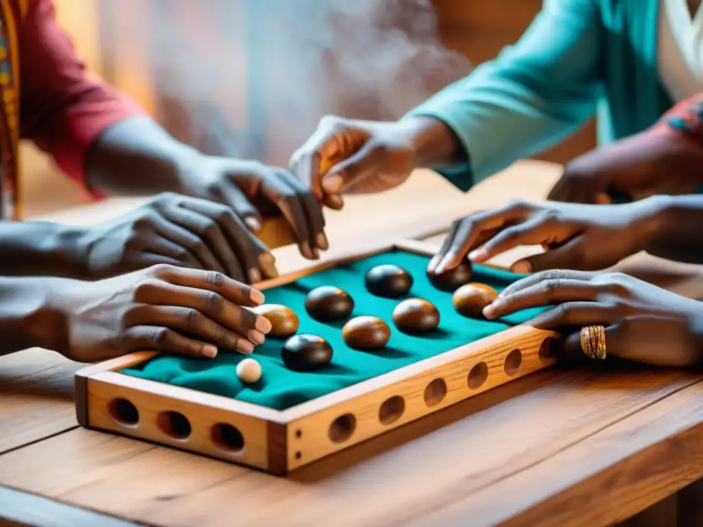 Un vibrante juego de mancala africano, manos diversas y coloridos atuendos expresan la cultura de los juegos tradicionales de diferentes culturas